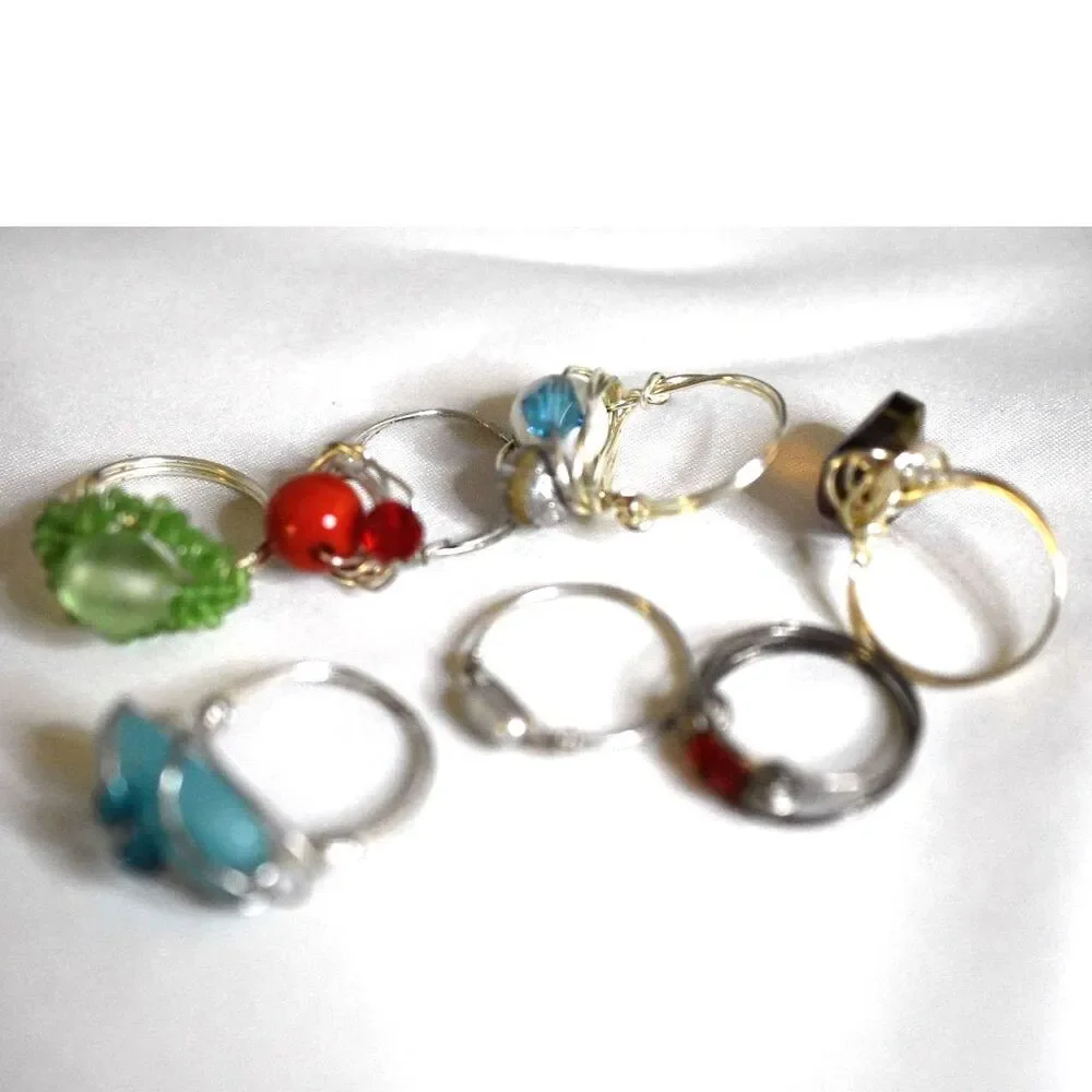 Handcrafted 7 Silver Tone Wire Wrap Multi Color Stones/Crystals Sz 8-11 Rings